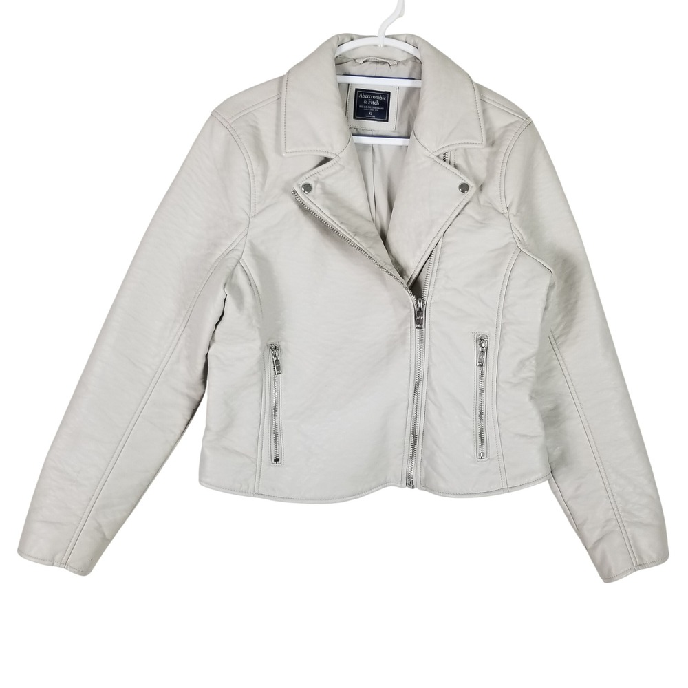 Abercrombie & Fitch Moto Jacket Women XL Off-White Faux Leather Biker Zip